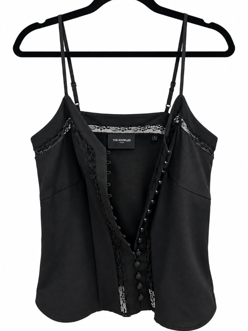 The Kooples Black Satin Lace Button Front Cami Top